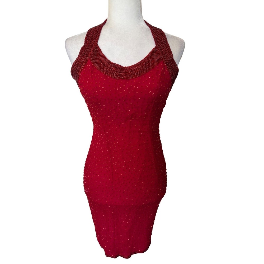 Vtg Sean Red Silk Beaded Halter Dress Y2K Whimsigoth Prom Gown XS
